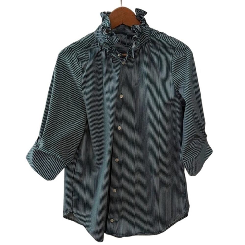 KJM women’s Button Up Shirt Medium Green Striped Ruffle Collar Preppy Workwear